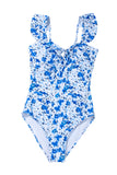 Blue Multi Floral Ruffled Strap Lace-Up Keyhole One-Piece Swimsuit B
