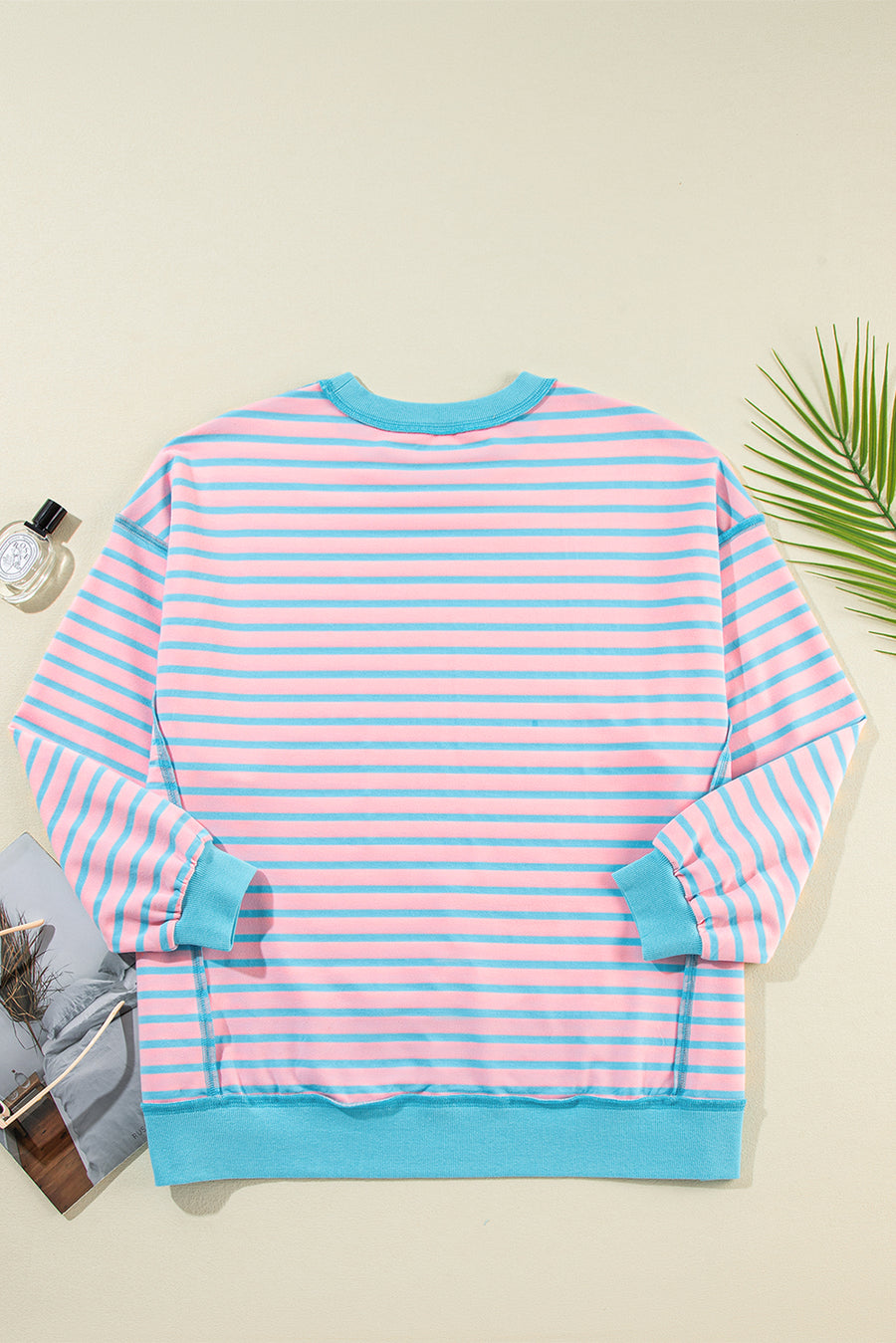 Pink & Turquoise Striped Contrast Trim High-Low Tunic Sweatshirt