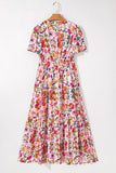 Multicolored Floral Short Sleeve V-Neck High Waist Maxi Dress