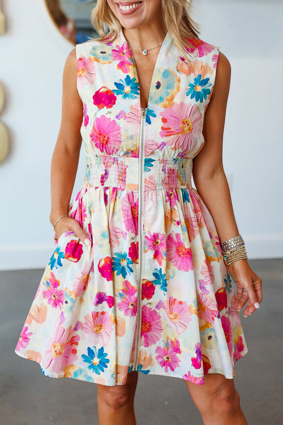Pink and Blue Floral Print V-Neck Zip-Up Smocked Waist Flared Mini Dress