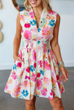 Pink and Blue Floral Print V-Neck Zip-Up Smocked Waist Flared Mini Dress