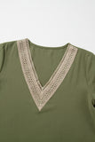 Green Lace Trim V Neck Short Sleeve Blouse