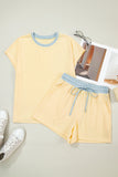 Yellow Cream Soft Ribbed Color Block Trim Casual Short Set