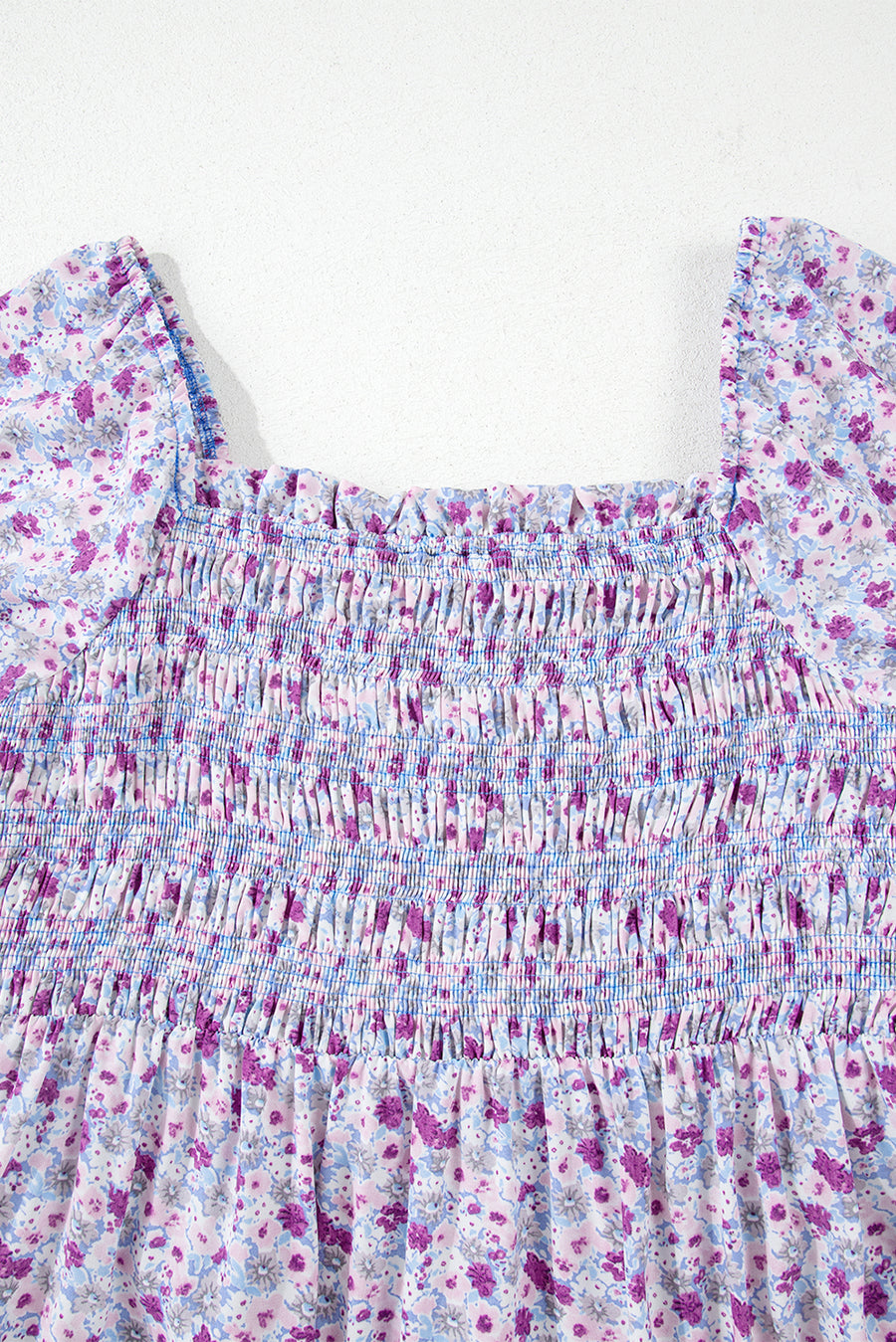 Purple Floral Short Bubble Sleeve Smocked High Waist Maxi Dress