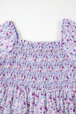 Purple Floral Short Bubble Sleeve Smocked High Waist Maxi Dress