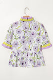 Lavender Floral Frill V-Neck Smocked Peplum Blouse