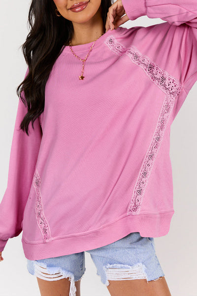 Bright Pink Lace Patchwork Raglan Sleeve Loose Fit Sweatshirt
