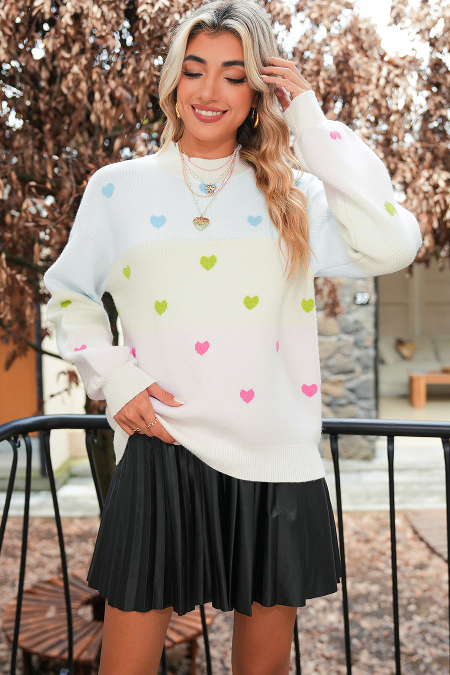 Multicolored Hearts Color Block High Neck Sweater