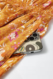 Orange Bohemian Floral Print Smocked Waist Long Sleeve Maxi Dress