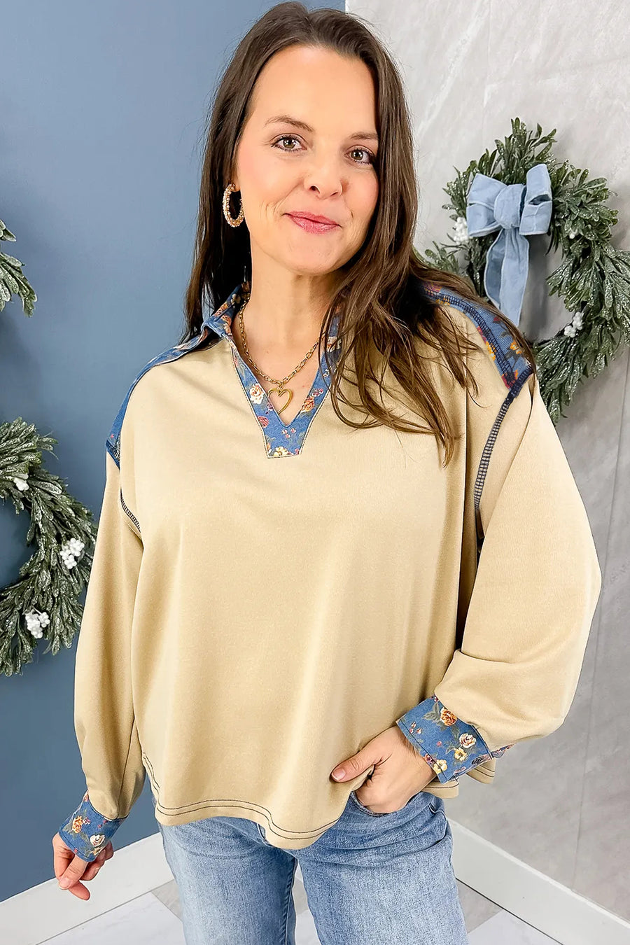 Apricot Floral Patchwork Detail Collar V Neck Long Sleeve Top