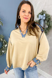 Apricot Floral Patchwork Detail Collar V Neck Long Sleeve Top