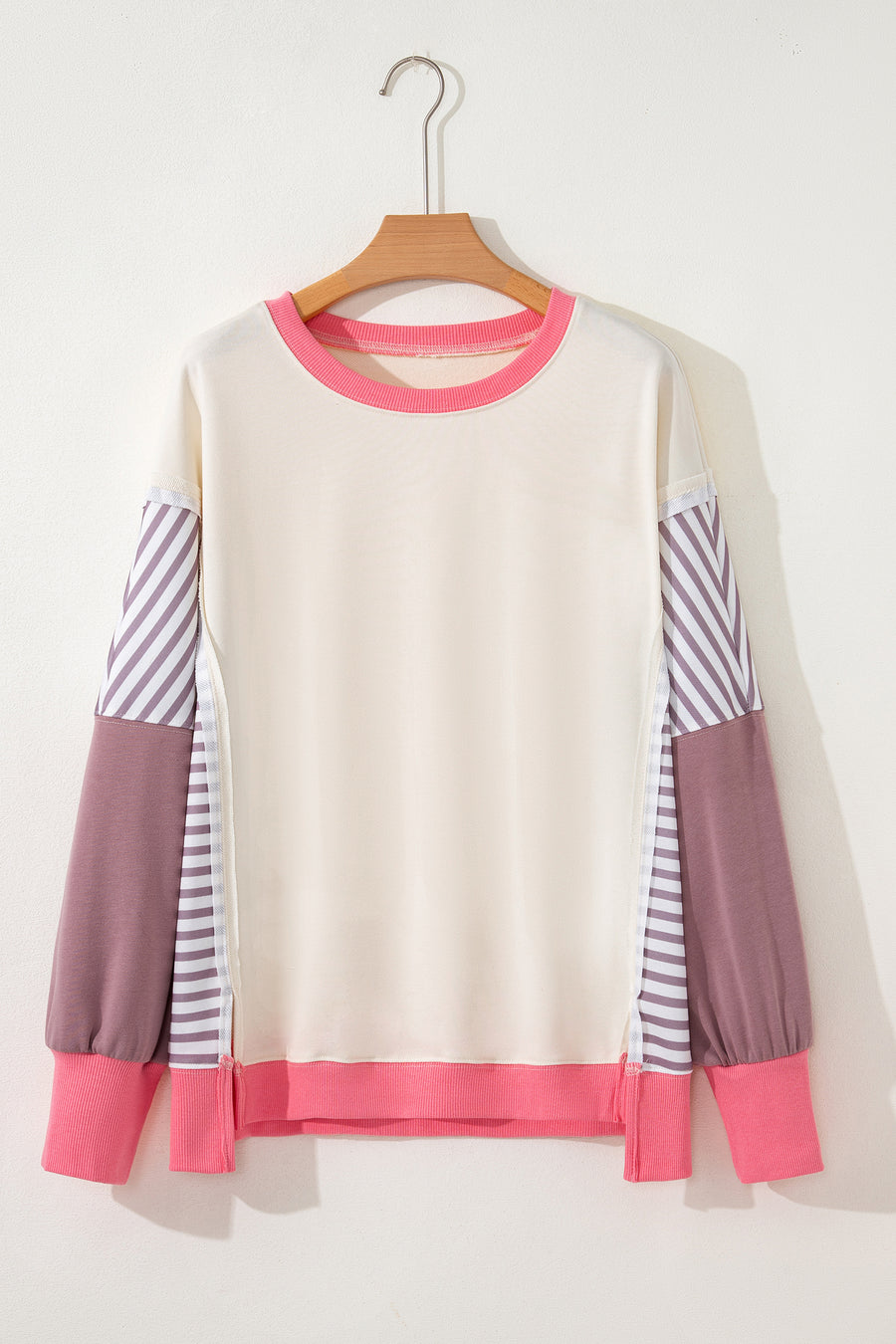 Color Block Striped Patchwork Exposed Seams Side Slits Sweatshirt