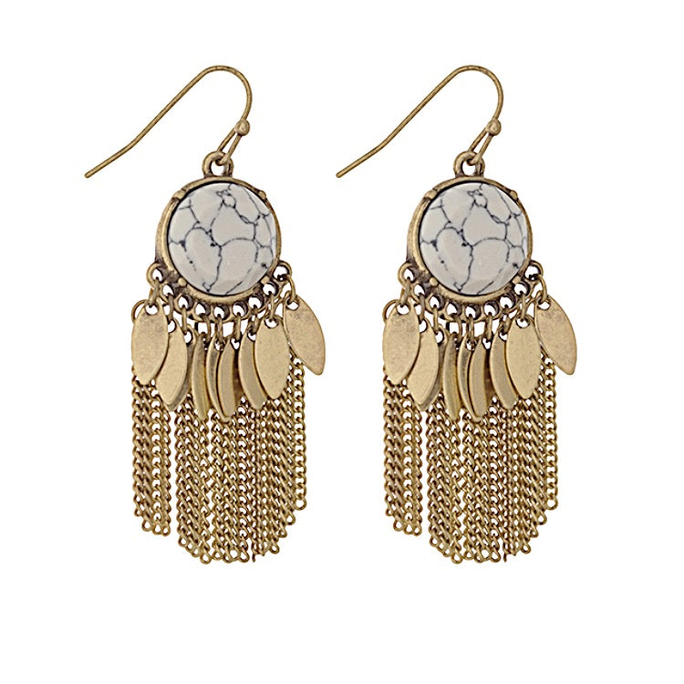 Worn Gold Stone & Fringe Earrings- White