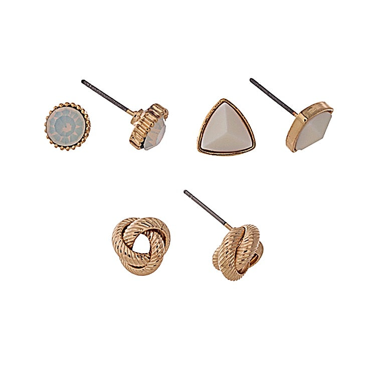 Gold Tone Rhinestone, Knot, and Triangle Post Earrings Trio- White