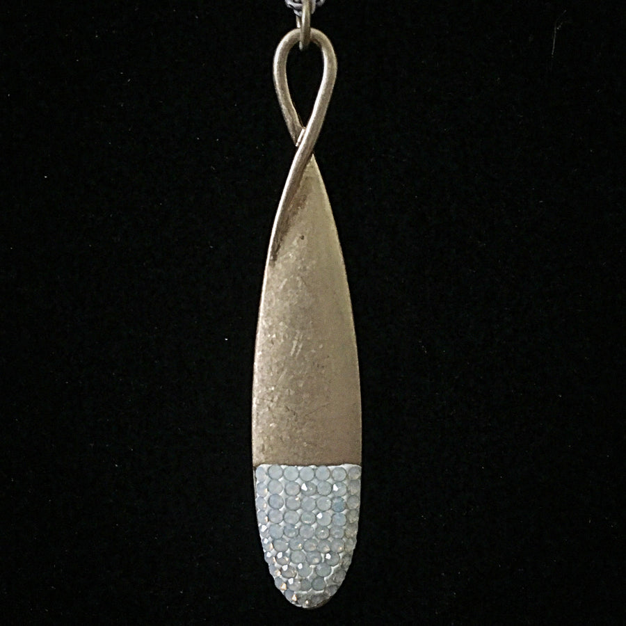 Burnished Gold Tone Necklace with Teardrop Rhinestone Pendant- White Opal