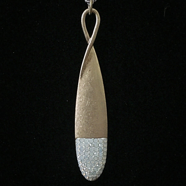 Burnished Gold Tone Necklace with Teardrop Rhinestone Pendant- White Opal