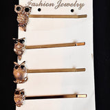 Gold and Rhinestone Owl Hair Pins