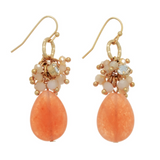 Gold Tone Beaded Teardrop Earrings- Peach