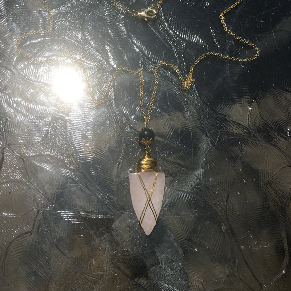 Gold Tone Bead & Wire-Wrapped Arrowhead Pendant Necklace- Rose Quartz