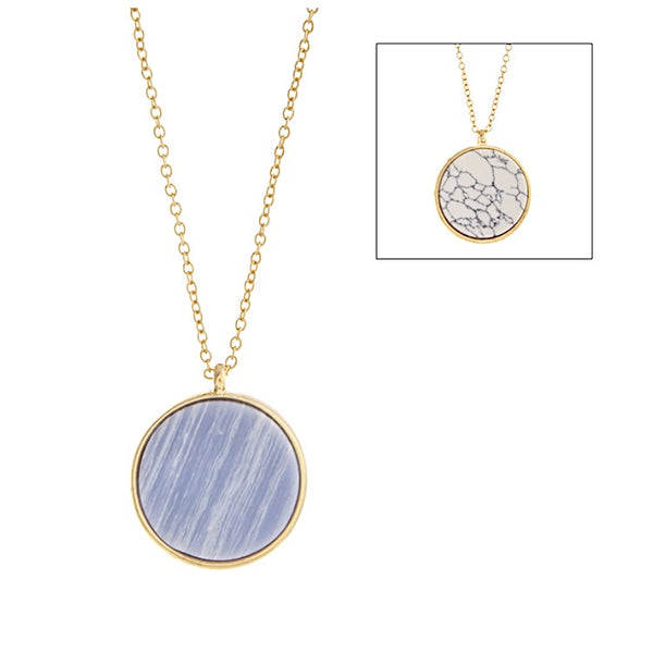 Gold Tone Double-Sided Stone Disk Necklace- Howlite & Blue