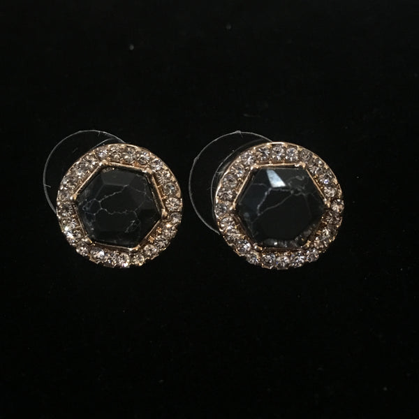 Gold Tone Stone Halo Post Earrings- Black