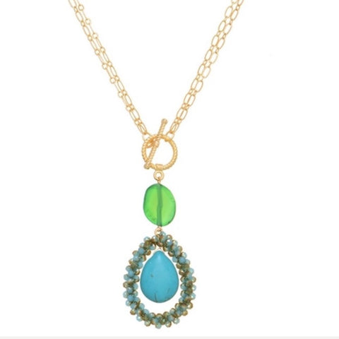 Gold Tone Double Strand Toggle Necklace with Stones & Beads- Turquoise & Green