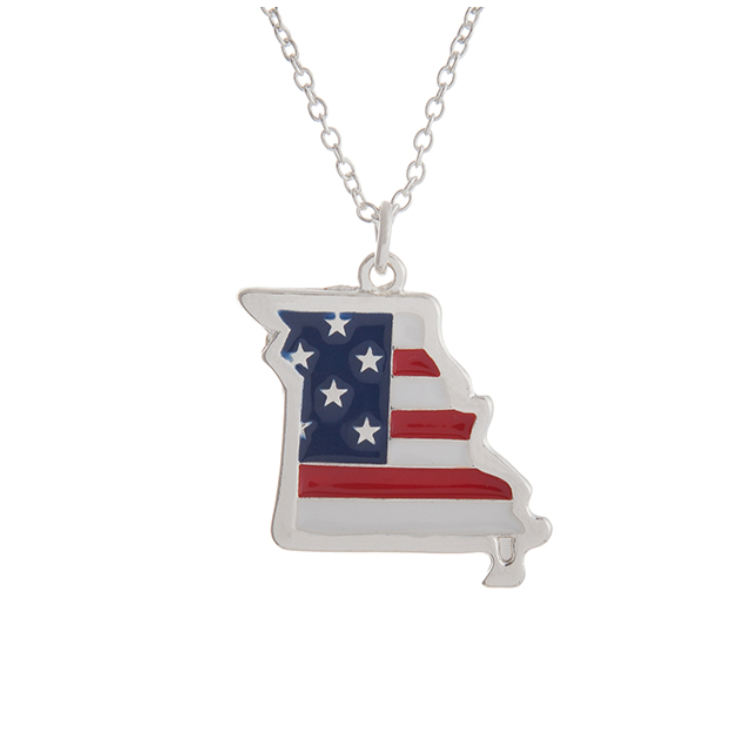 Silver Tone American Flag State Necklace- Missouri