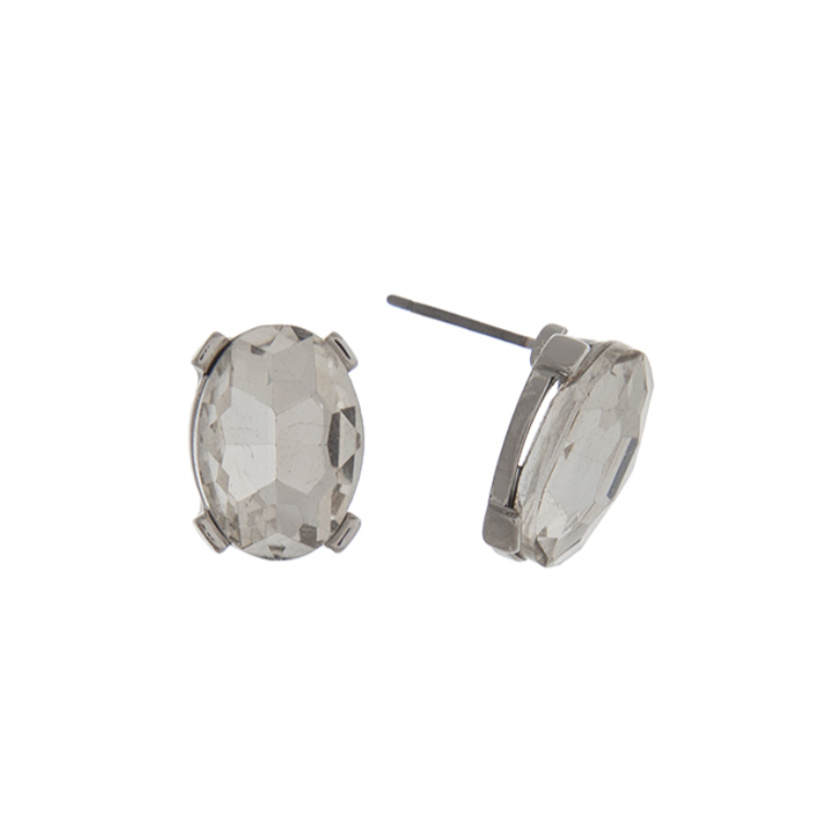 Silver Tone Oval Rhinestone Post Earrings- Clear