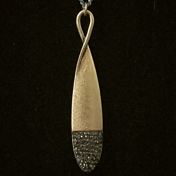 Burnished Gold Tone Necklace with Teardrop Rhinestone Pendant- Black Diamond