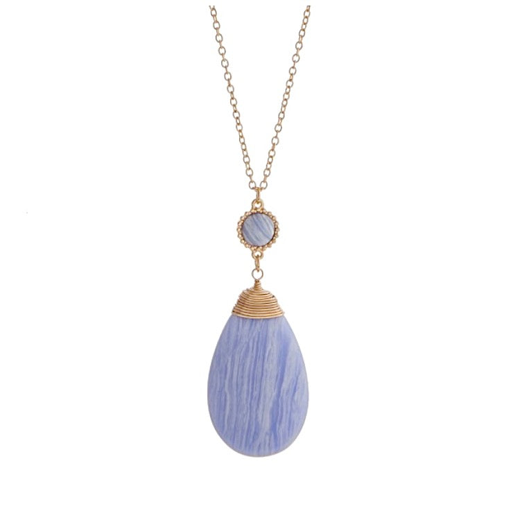 Gold Tone Wire-Wrapped Teardrop Stone Necklace- Blue