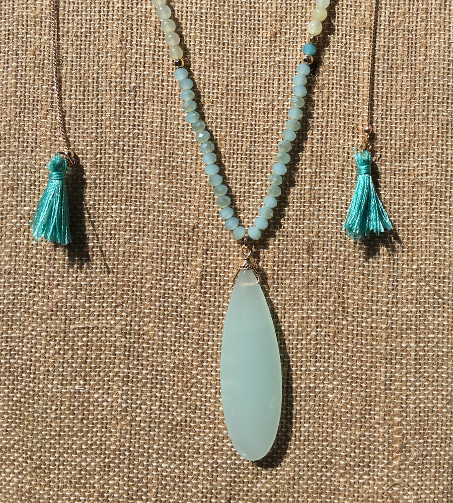 Gold Tone Adjustable Teardrop, Beads, & Tassel Necklace- Mint