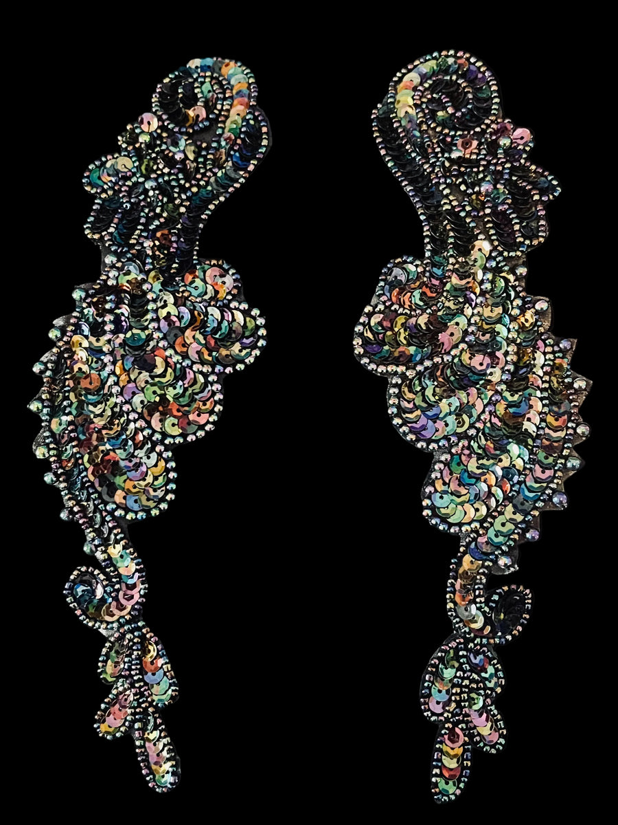 Black Aurora Borealis Beaded Sequin Scroll Appliqués- Mirrored Set of 2