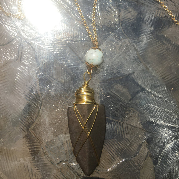 Gold Tone Bead & Wire-Wrapped Arrowhead Pendant Necklace- Amazonite