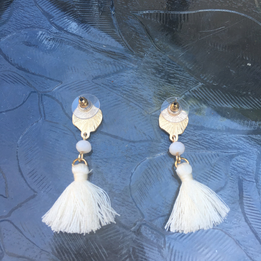 Matte Gold Tone Bead & Tassel Drop Earrings- Ivory