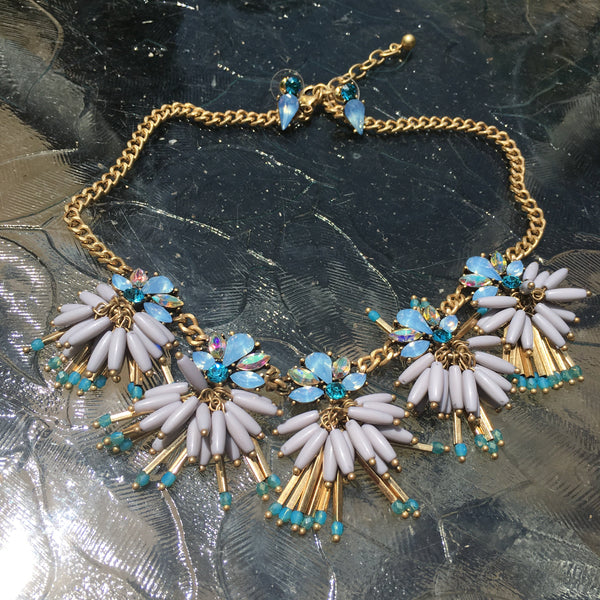 Burnished Gold Tone Rhinestone & Bead Necklace Set- Blue