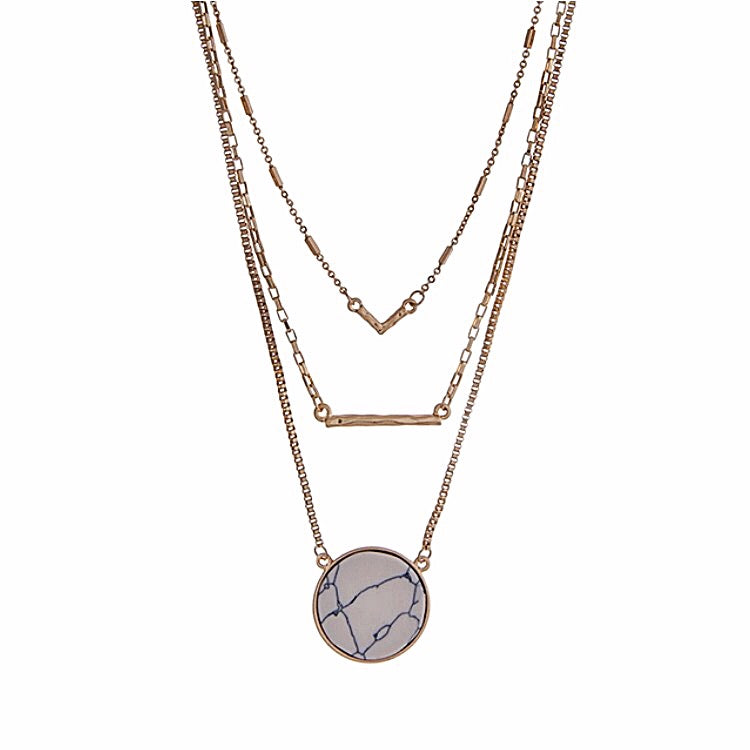 Triple Layer Gold Tone Necklace with Pendant- Howlite