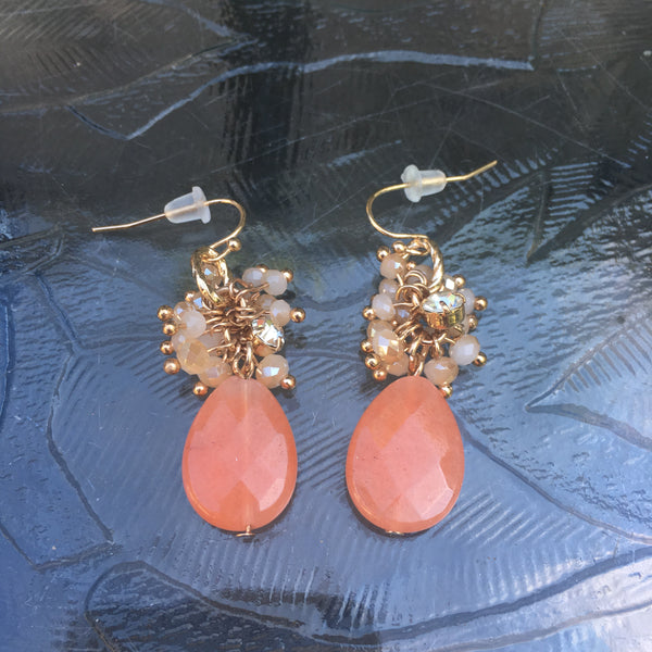 Gold Tone Beaded Teardrop Earrings- Peach