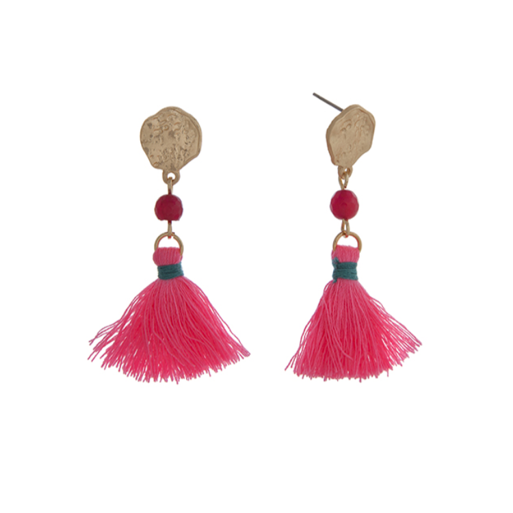 Matte Gold Tone Bead & Tassel Drop Earrings- Neon Pink, Fuchsia, & Green