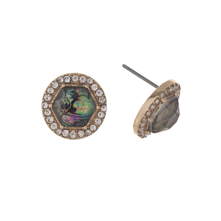 Gold Tone Stone Halo Post Earrings- Abalone