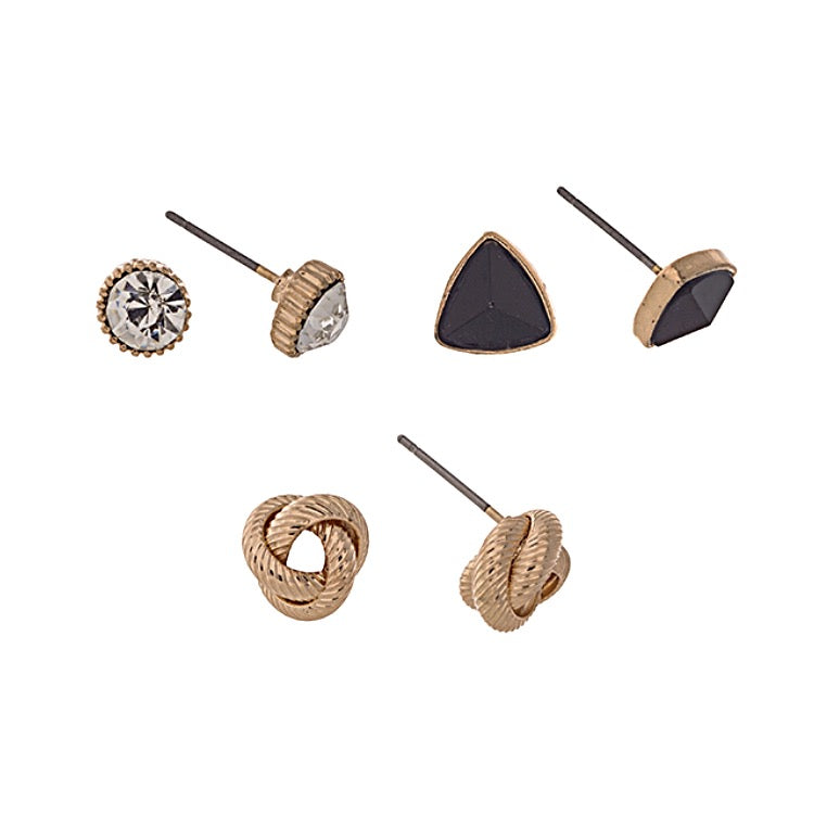 Gold Tone Rhinestone, Knot, and Triangle Post Earrings Trio- Black