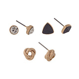 Gold Tone Rhinestone, Knot, and Triangle Post Earrings Trio- Black