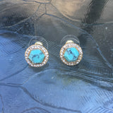 Gold Tone Stone Halo Post Earrings- Turquoise