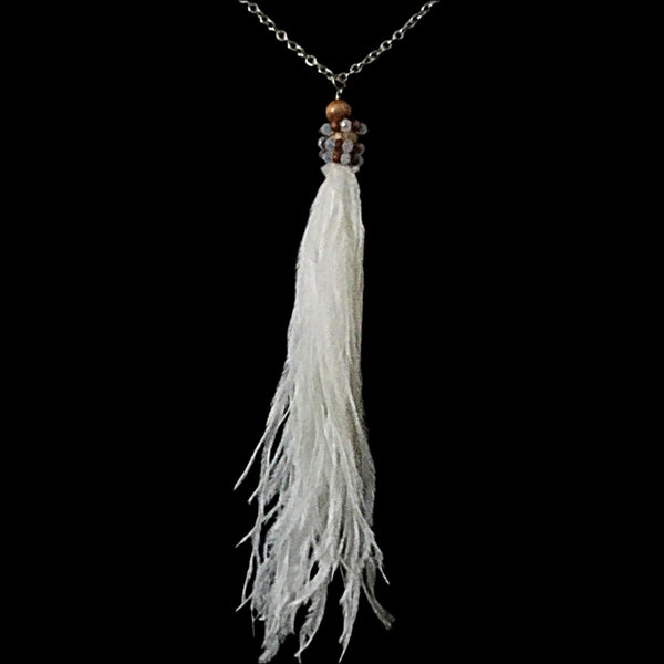 Silver Tone Feather Pendant Necklace- White