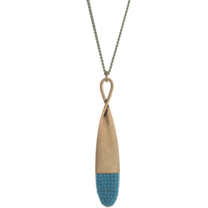 Burnished Gold Tone Necklace with Teardrop Rhinestone Pendant- Turquoise