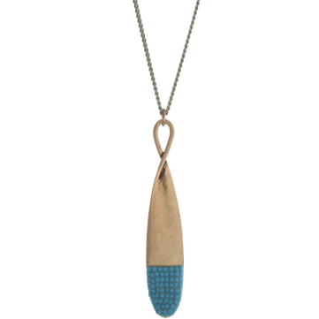 Burnished Gold Tone Necklace with Teardrop Rhinestone Pendant- Turquoise