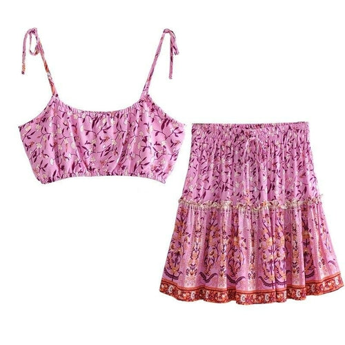 Women's Bohemian Crop Top & Mini Skirt Two-Piece Set- Pink