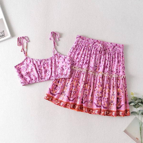 Women's Bohemian Crop Top & Mini Skirt Two-Piece Set- Pink
