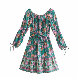 Women's Bohemian Floral Print Long Sleeve Mini Dress- Green