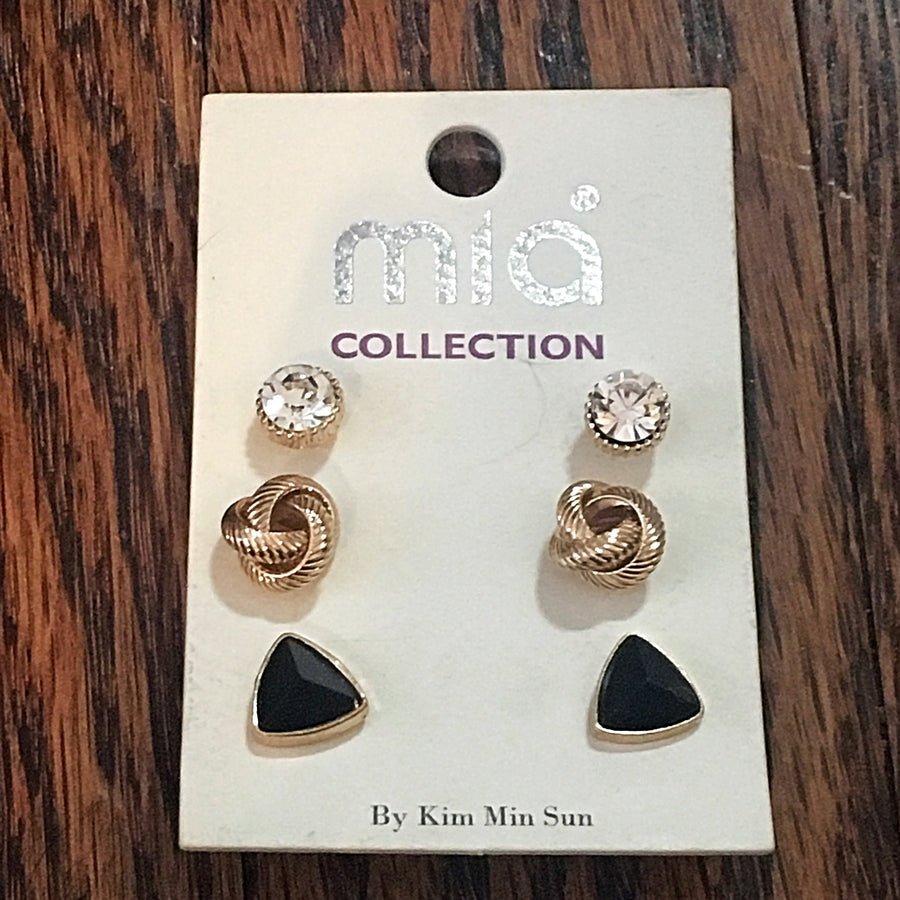 Gold Tone Rhinestone, Knot, and Triangle Post Earrings Trio- Black