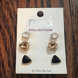 Gold Tone Rhinestone, Knot, and Triangle Post Earrings Trio- Black
